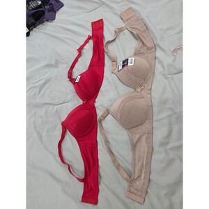 NWT Red Beige Lace Trim Padded Bra Set‎ Women's Comfort Everyday Support